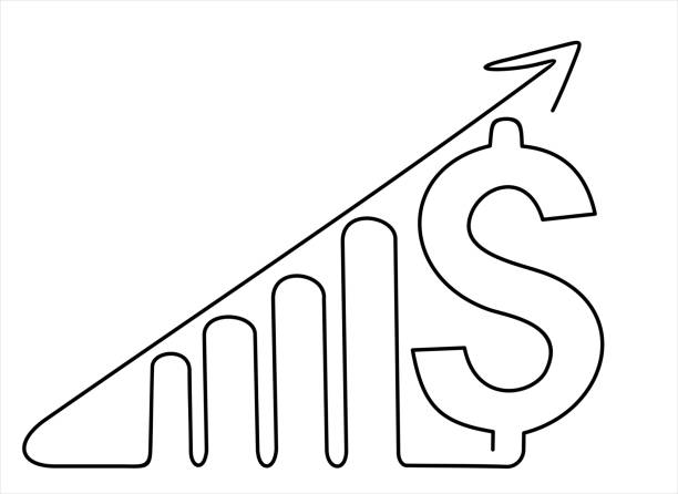 einzelne einzeilige zeichnung mit zunehmenden pfeilen, balkendiagramm und dollarzeichen. geschäft, finanzen, absatz, marktwachstum, leistung, minimales konzept. eine durchgehende vektorillustration zum zeichnen von linien - graph arrow sign chart single line stock-grafiken, -clipart, -cartoons und -symbole