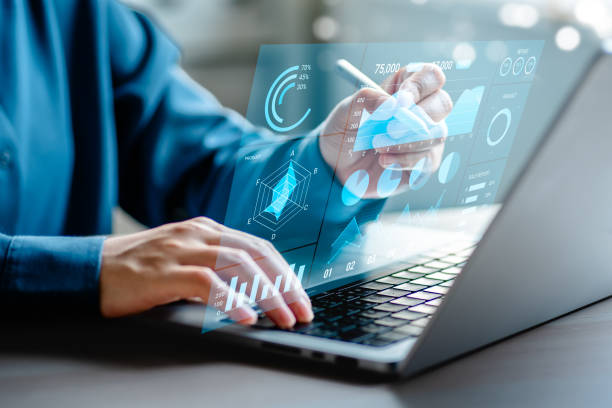 istock Businesswomen analyze chart data business on a visual screen dashboard laptop, technology devices and screens visible in the background, financial planning, market research, and the stock market. 1779763832