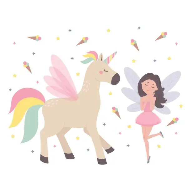 Vector illustration of Cute flying fairy and unicorn are childrens fairy tale characters. Flat cartoon vector illustration