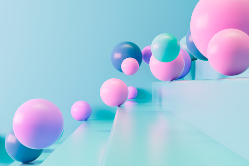 Balls rolling down in stairs. Digitally generated image.