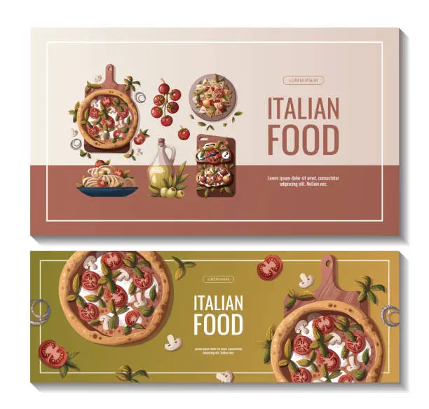Vector illustration of Banners with Plate of Italian pasta, olive oil, lasagna.