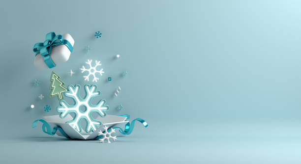 istock Winter decoration background with open gift box, snowflake cartoon style, 3d rendering illustration 1779774140