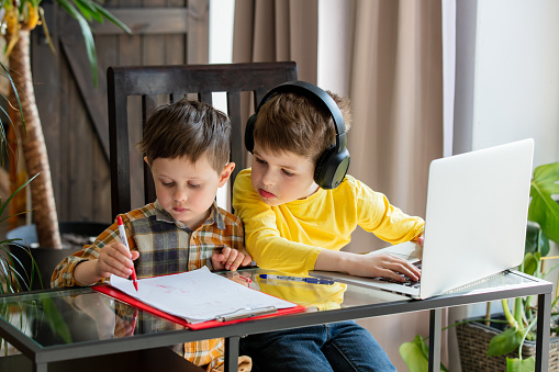 Preschooler boy and schoolboy make together a homework at home with laptop computer