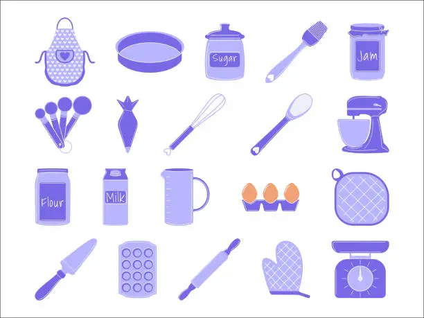 Vector illustration of Cooking Utensils and Electric Appliances for Baking. Kitchen Tools. Home Cookware in Flat Style Collection