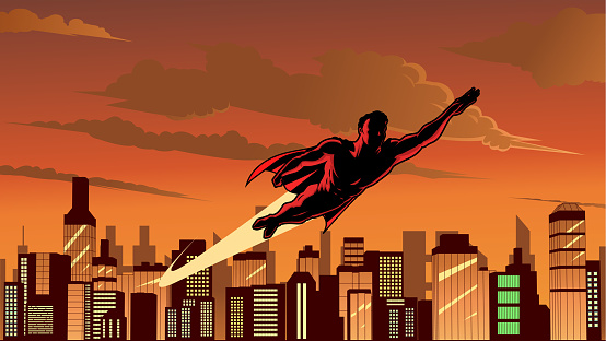 A silhouette style vintage vector illustration of a superhero flying with a city skyline in the background. Easy to grab and edit. Wide space available for your copy.