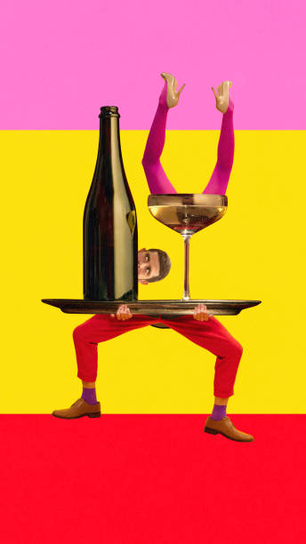 istock Serving champagne. Man picking out champagne bottle against multicolored background. Contemporary art collage. Poster 1779807153