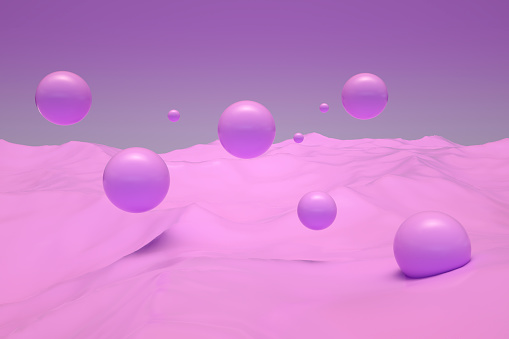 Futuristic landscape, spheres, bubbles. Digitally generated image.