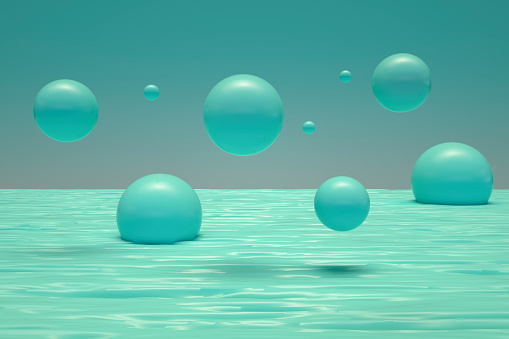 Futuristic landscape, spheres, bubbles over water. Digitally generated image.