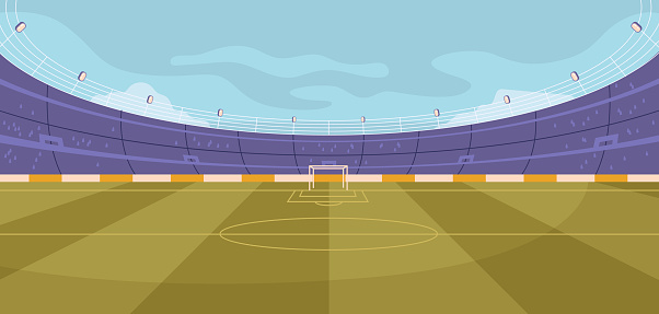 Soccer stadium for tournaments or championships, empty sport arena. Vector illustration of football soccer field with tribunes, blue sky and green grass, flat cartoon style