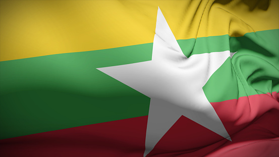 3d illustration flag of Myanmar. Close up waving flag of Myanmar.