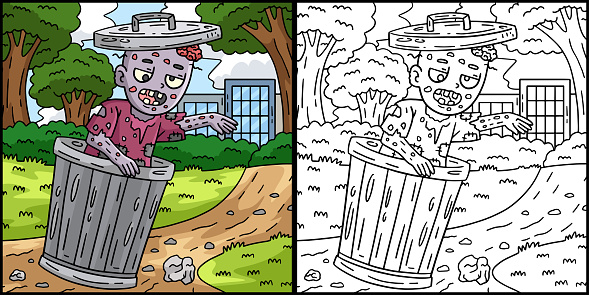 This coloring page shows a Trash Can Zombie. One side of this illustration is colored and serves as an inspiration for children.