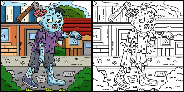 This coloring page shows a Zombie with an Ax on the Head. One side of this illustration is colored and serves as an inspiration for children.