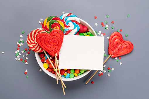 Candy sweets and copy space for your greetings. Valentines day candy hearts. Flat lay