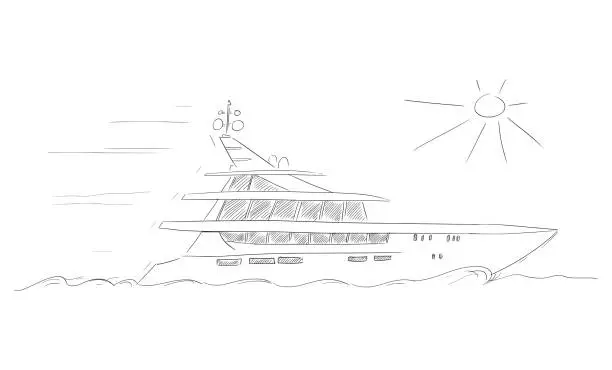 Vector illustration of Luxury Yacht on Sea or Ocean, Vector Cartoon Illustration