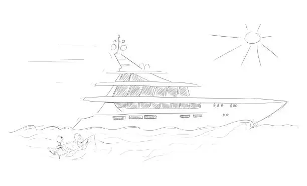 Vector illustration of Luxury Yacht and Small Fishing Boat, Vector Cartoon Stick Figure Illustration