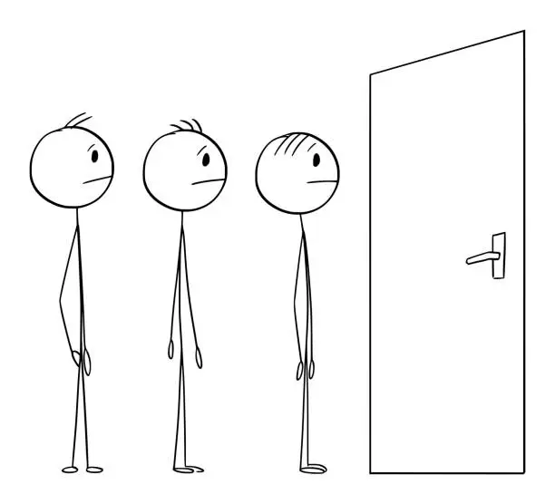 Vector illustration of People Waiting in Front of Closed Door, Vector Cartoon Stick Figure Illustration