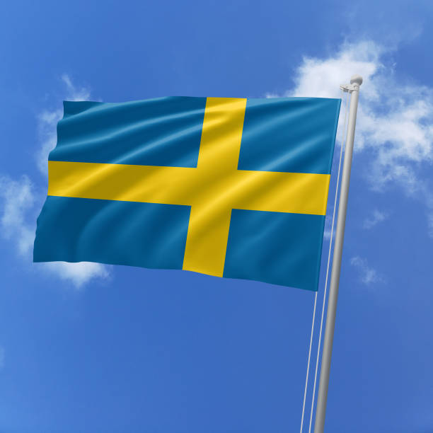 sweden flag fluttering in the wind on sky. - day sky swedish flag banner imagens e fotografias de stock