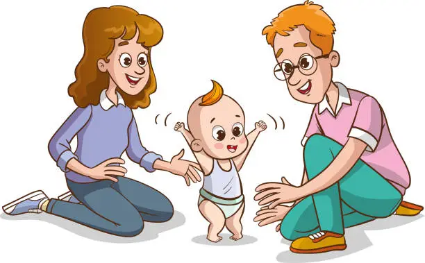 Vector illustration of Mother and father trying to walk their baby.Vector illustration of a cartoon family.