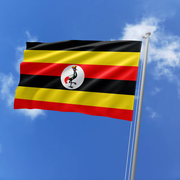 3d illustration flag of Uganda. Uganda flag isolated on the blue sky with clipping path.