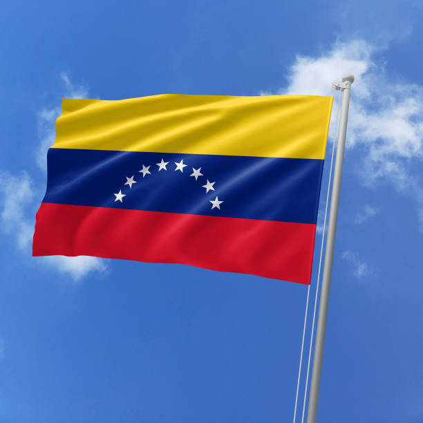 3d illustration flag of Venezuela. Venezuela flag isolated on the blue sky with clipping path.