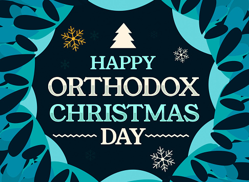 Happy Orthodox Christmas Day wallpaper with colorful shapes, snowflakes and typography.