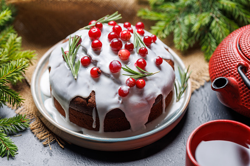 Delicious Christmas cake and tea, a festive holiday treat