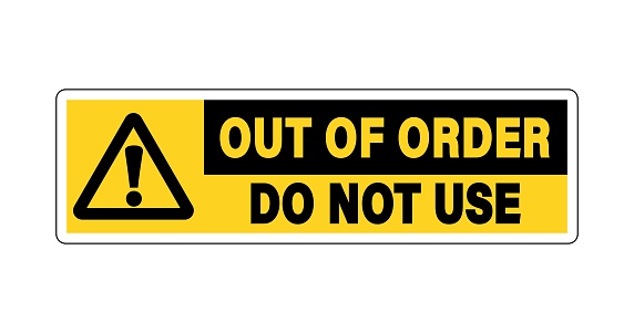 Do not use, out of order. Warning yellow triangle sign with text. Horizontal strip. Sticker