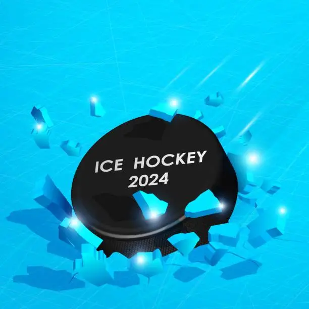 Vector illustration of Hockey sport tournament advertising banner. Black rubber puck for ice hockey crashed into ground at high speed and breaks into shards, cracks after perfect hit. Inflicting heavy damage. Vector