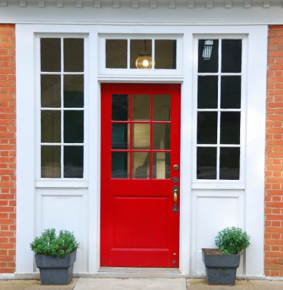 Photograph of a red door in a white frame with an interior light and foliage on each side.