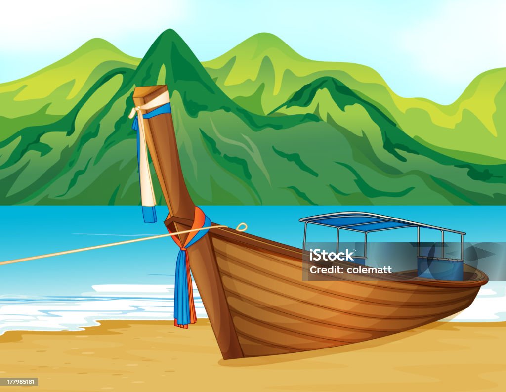 Playa con un barco de madera - arte vectorial de Lancha larga libre de derechos