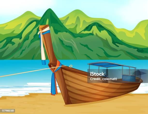 Ilustración de Playa Con Un Barco De Madera y más Vectores Libres de Derechos de Lancha larga - Lancha larga, Agua, Anclado