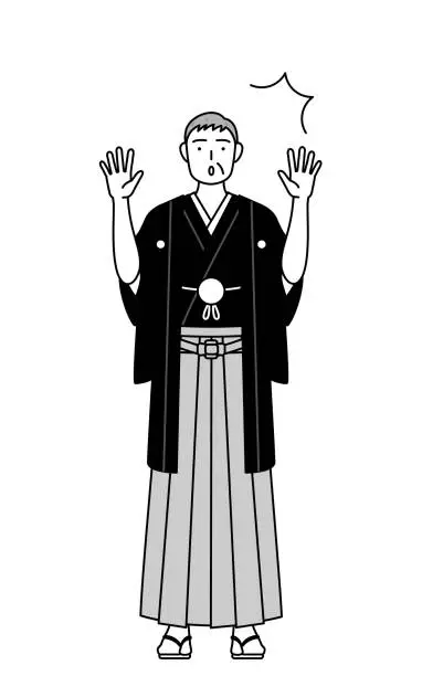 Vector illustration of New Year's Day and weddings, Senior man wearing Hakama with crest raising his hand in surprise.