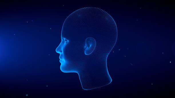 istock Blue Shine Side View 3d Human Female Head Anatomy Wireframe Hologram With Light Flare Glitter Particles 1779859137