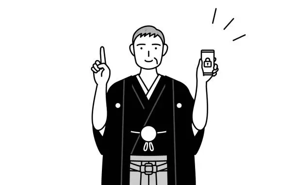 Vector illustration of New Year's Day and weddings, Senior man wearing Hakama with crest taking security measures for his phone.