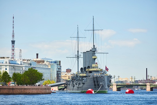 Saint Petersburg, Russia - May 25, 2021: The famous Cruiser Aurora. Symbol of the beginning of the revolution in the Russian Empire