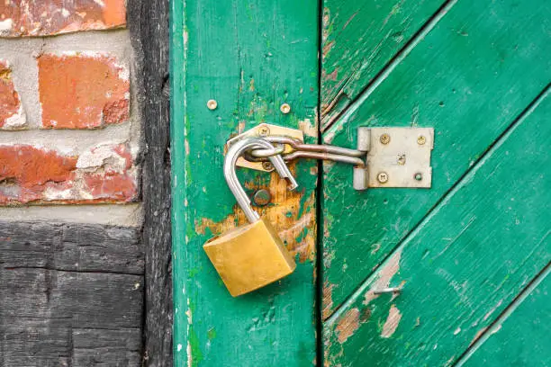 Photo of Open lock on a green rustic barn door.