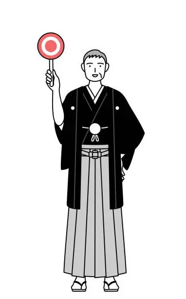 Vector illustration of New Year's Day and weddings, Senior man wearing Hakama with crest holding a maru placard that shows the correct answer.