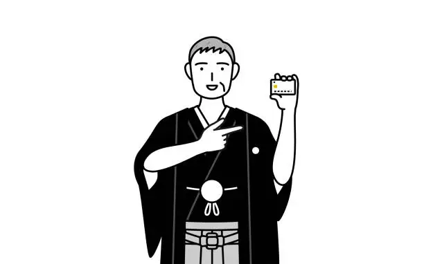 Vector illustration of New Year's Day and weddings, Senior man wearing Hakama with crest recommending credit card payment.