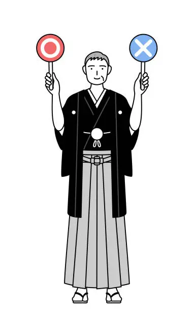Vector illustration of New Year's Day and weddings, Senior man wearing Hakama with crest holding a placard indicating correct and incorrect answers.