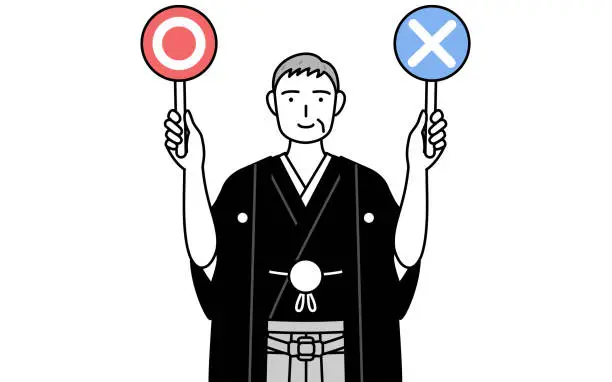 Vector illustration of New Year's Day and weddings, Senior man wearing Hakama with crest holding a placard indicating correct and incorrect answers.