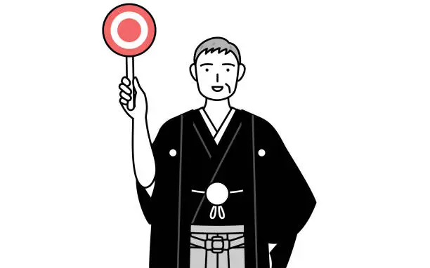 Vector illustration of New Year's Day and weddings, Senior man wearing Hakama with crest holding a maru placard that shows the correct answer.