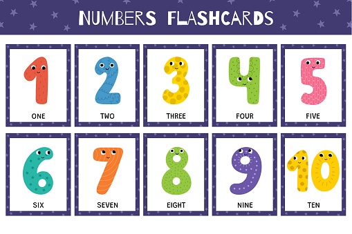 Cute numbers flashcards collection. Flash cards for practicing reading skills. Learning numbers for preschool. One, two, three and more. Vector illustration