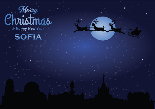 vector illustration of Christmas and New year dark blue greeting card with Santa Claus silhouette and black panorama of the city of Sofia
