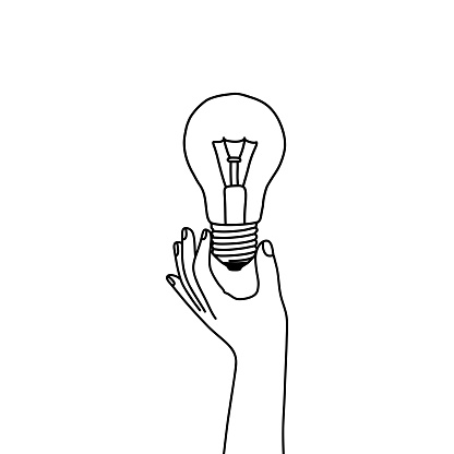 Hand Holding Lightbulb Vector Illustration. Creativity, New Ideas, Innovation, Inspiration.