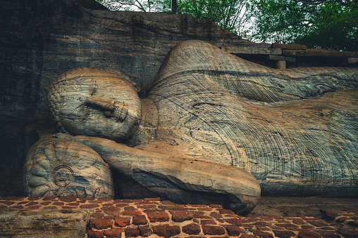 Reclining Buddha statue at Gal Vihara, the Rock Temple, in Polonnaruwa, sri lanka