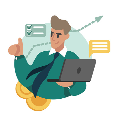 Adult male holding laptop and working. Career goal achievement. Getting promotion at work and financial freedom. People increasing capital and profits. Vector flat illustration in green colors