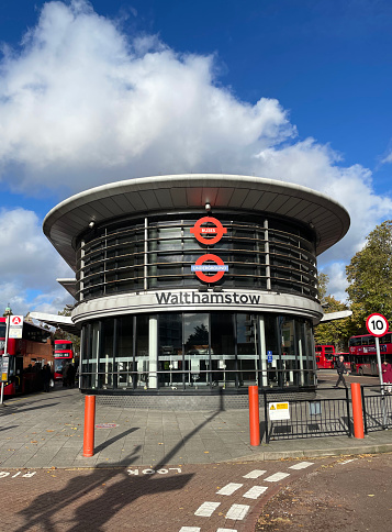 Walthamstow bus and underground station entrance, in east London. November 2023