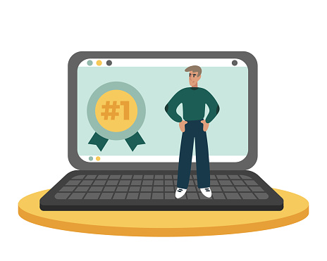 Man standing on big laptop and looking at gold medal on computer screen. Concept of career goal achievement. Idea of financial freedom. People increasing capital and profits. Vector illustration