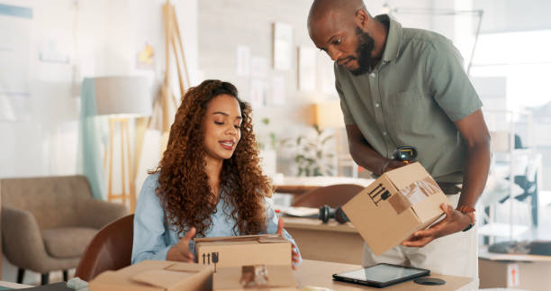 istock Delivery teamwork, boxes or people packaging sales product, cardboard package or shipping process. Cooperation, entrepreneur or small business owner on export trade, retail store or courier mail post 1779911553