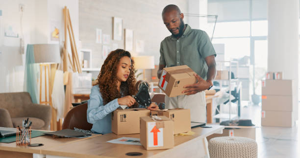 istock Logistic, retail boxes or team packaging ecommerce product, delivery package or shipping distribution. Supply chain, small business supplier or people teamwork on dropshipping trade, stock or service 1779911557